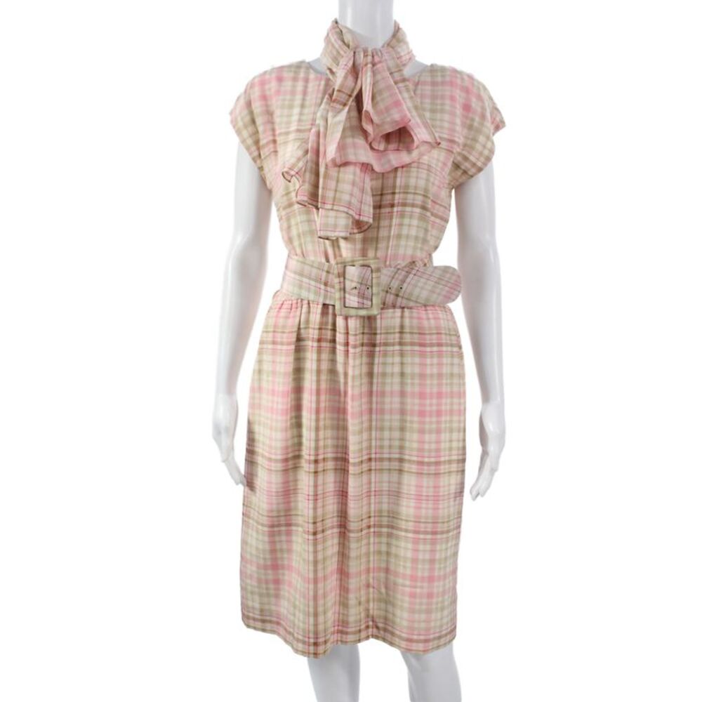 Oscar de la Renta Women Shirt Dress Beige Plaid Knee Length Size 10